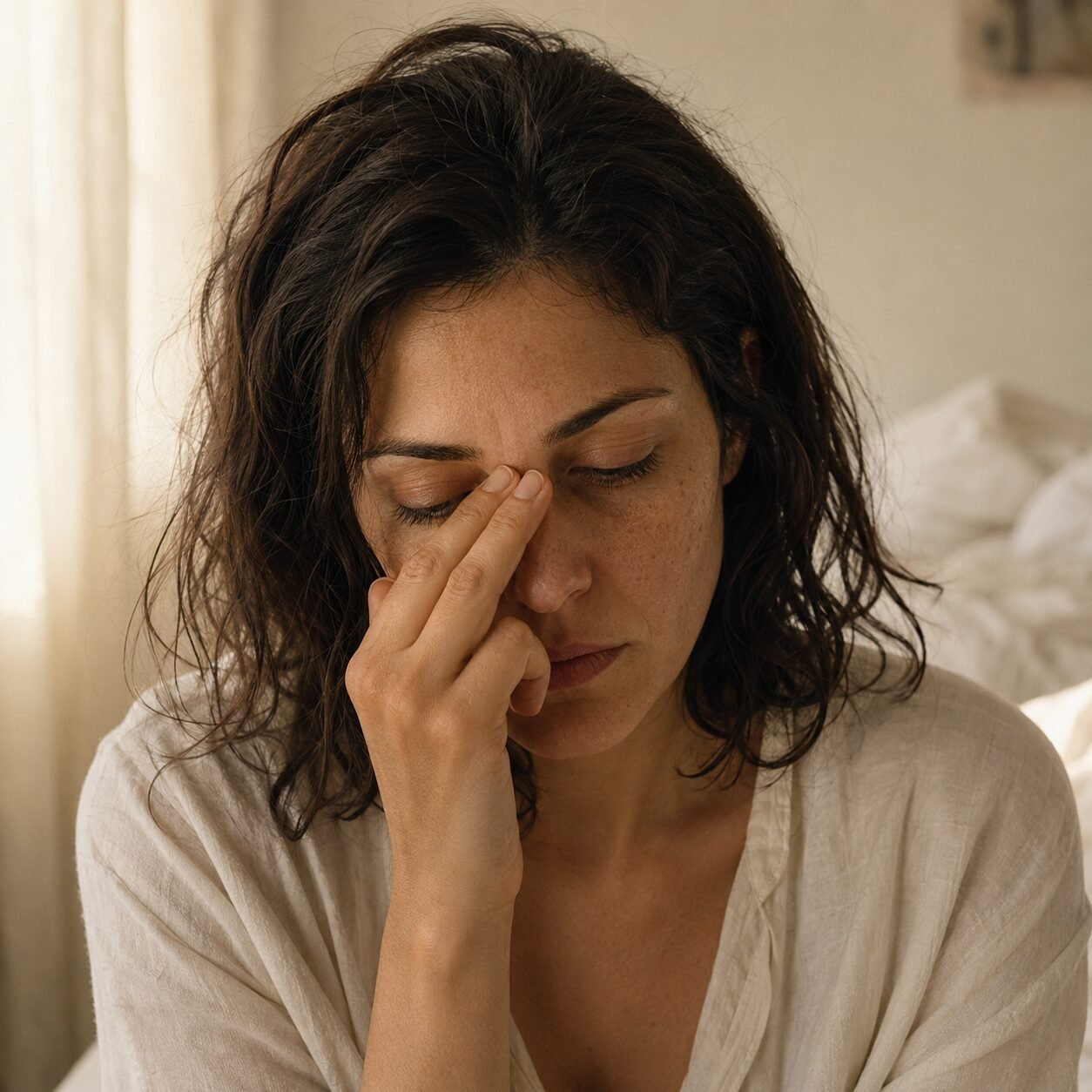עייפות וכאבי סינוסים — אישה עם לחץ סינוסי